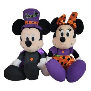 Disney Halloween Mickey & Minnie Plush Dolls 11" Cape Hat Bat Embroidered Eyes